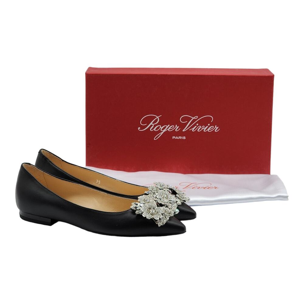 Roger Vivier Flower Strass Leather Ballet Flats in Black